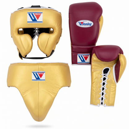 Winning gold and maroon boxing sparring set with lace-up gloves, headgear and groin guard