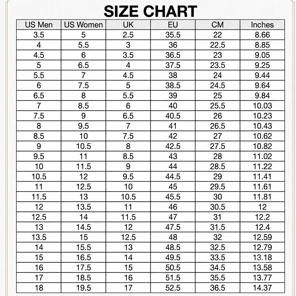 Boxing shoe size chart with US Men, US Women, UK, EU, CM, and inch conversions