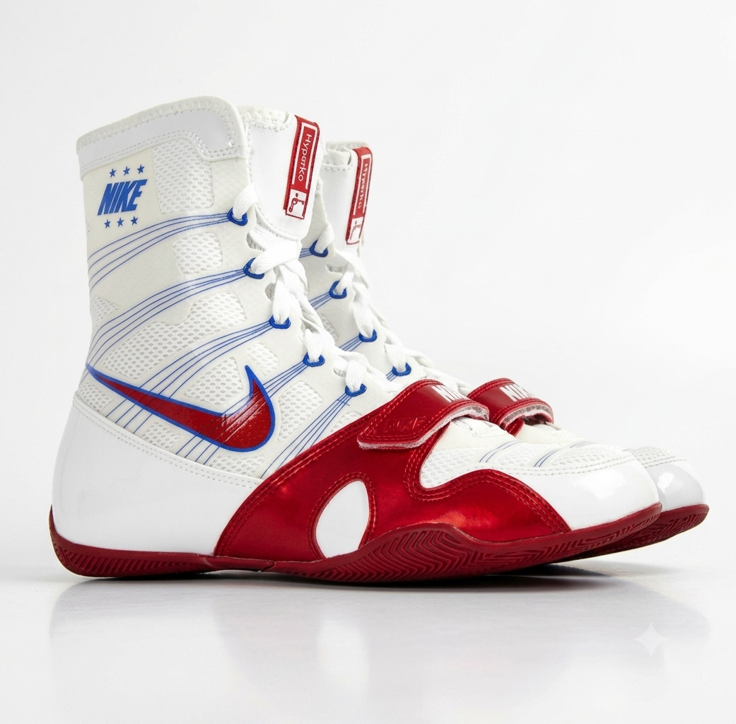 A pair of white high-top Nike Hyperko boxing shoes featuring red overlay straps, a red Swoosh, and blue line accents against a white background.
