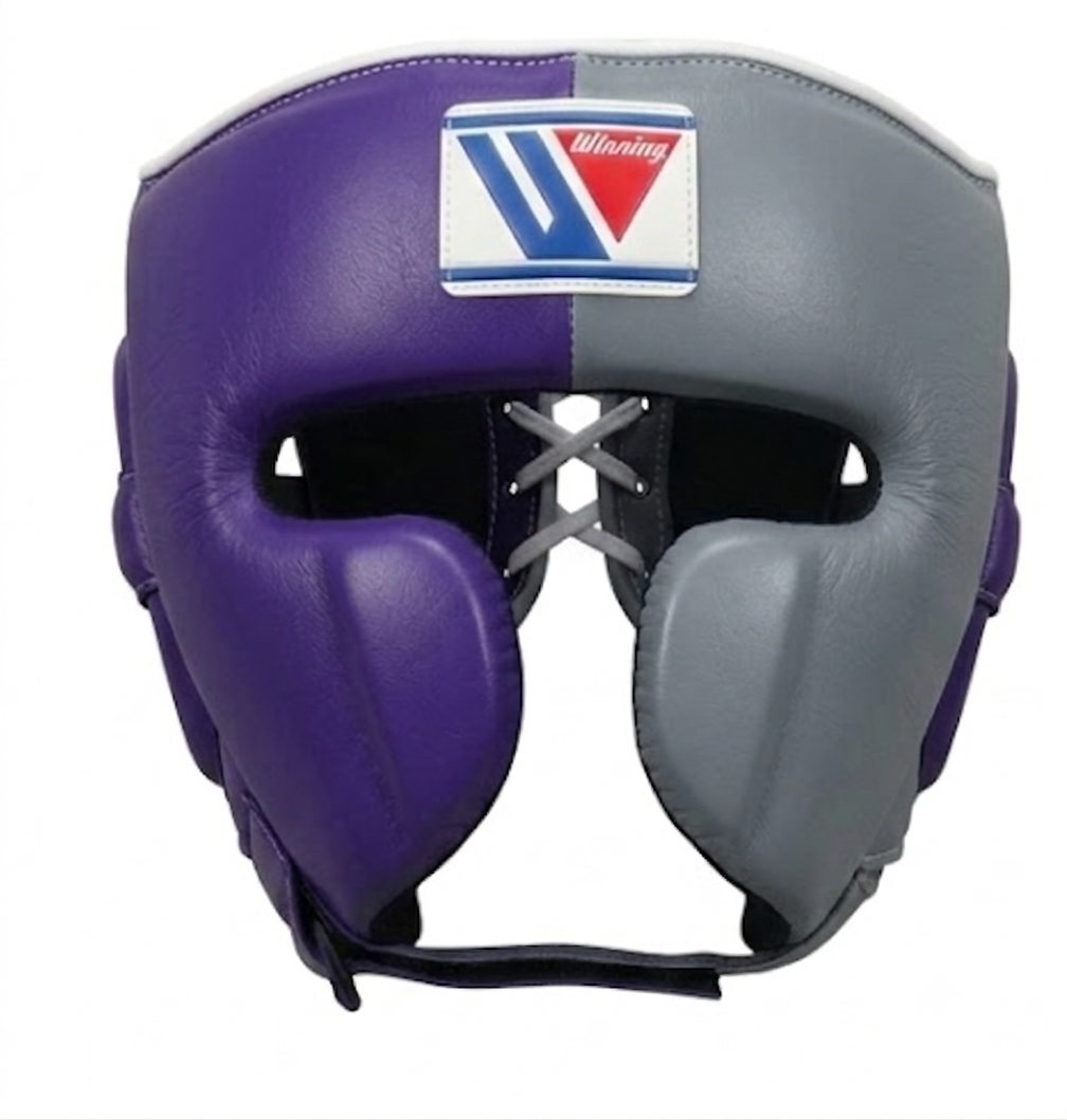 Split-colour gray and purple boxing headgear with cheek protection