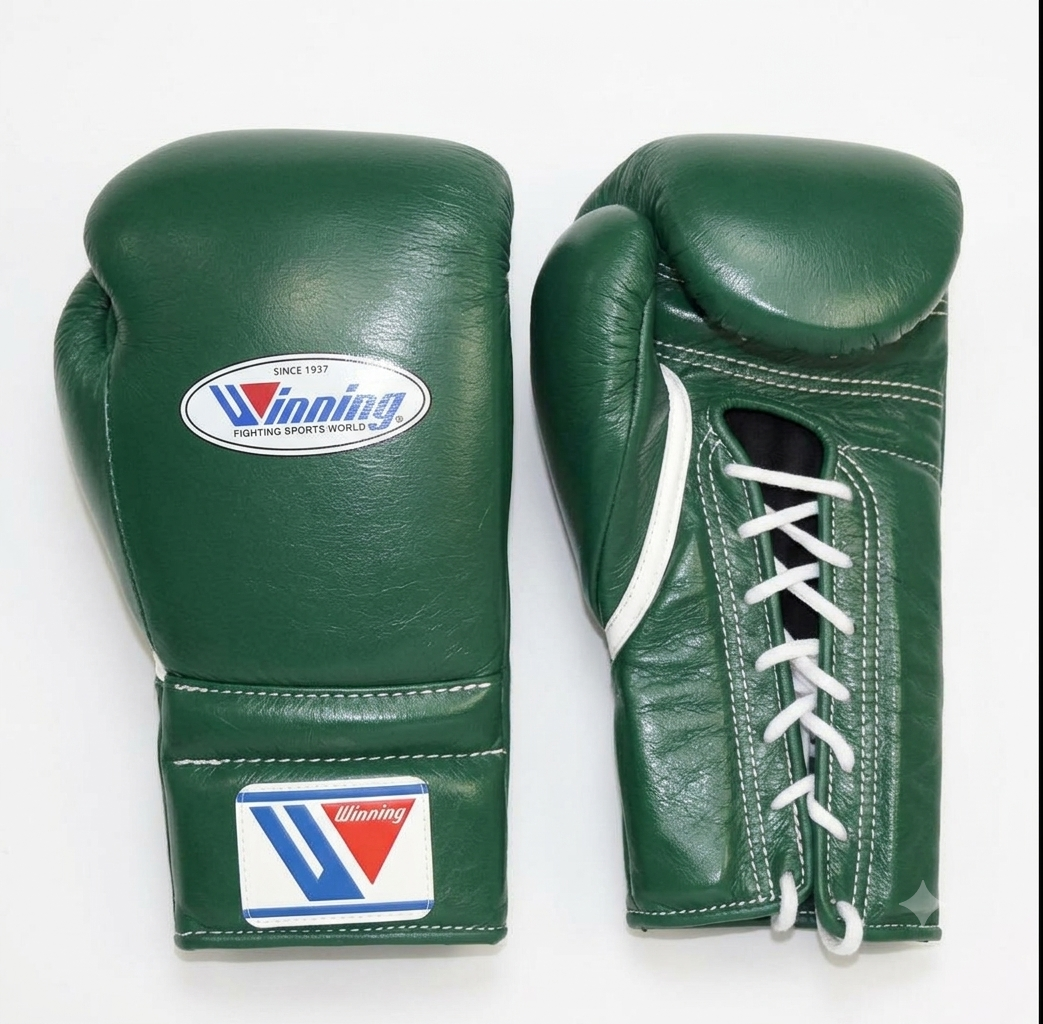 Metallic green leather lace-up boxing training gloves from the sparring set