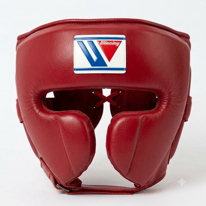 Winning dark red leather boxing headgear with FG-2900 style cheek protection and brand logo patch