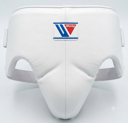 White leather groin guard with central logo patch from the Winning white set