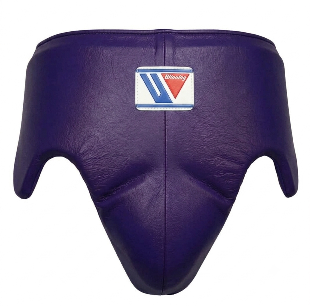Purple boxing headgear with central brand logo patch