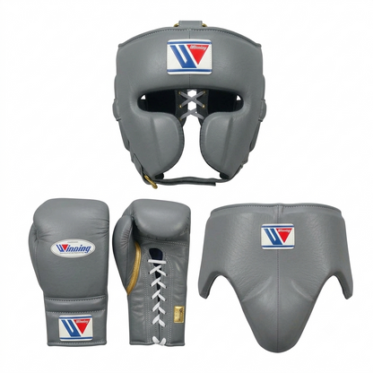 Winning gray boxing sparring set with lace-up gloves, headgear and groin guard