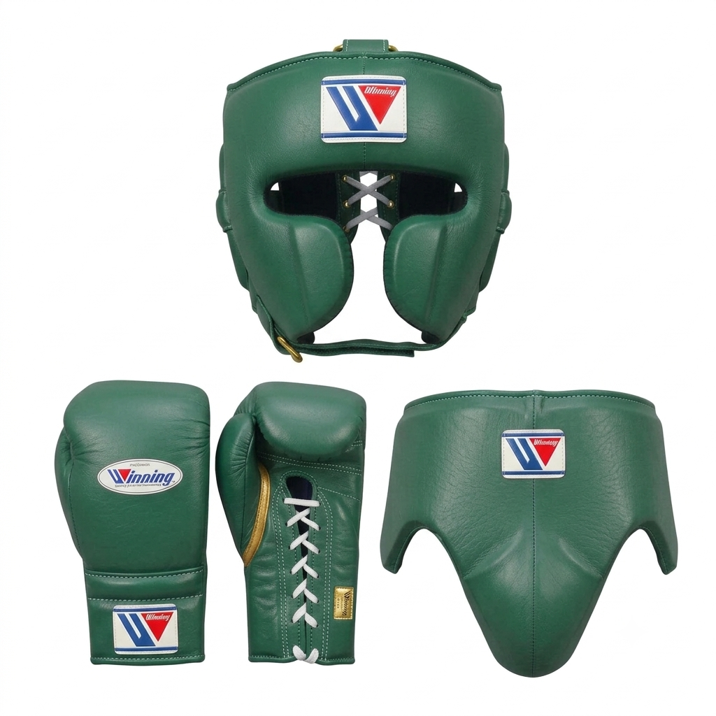 Winning metallic green boxing sparring set with lace-up gloves, headgear and groin guard