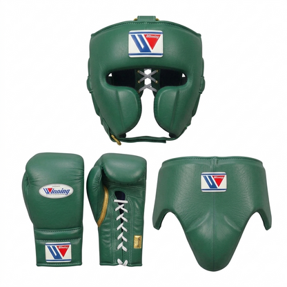 Winning metallic green boxing sparring set with lace-up gloves, headgear and groin guard