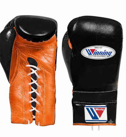 Orange and black leather lace-up boxing gloves from the Winning sparring set