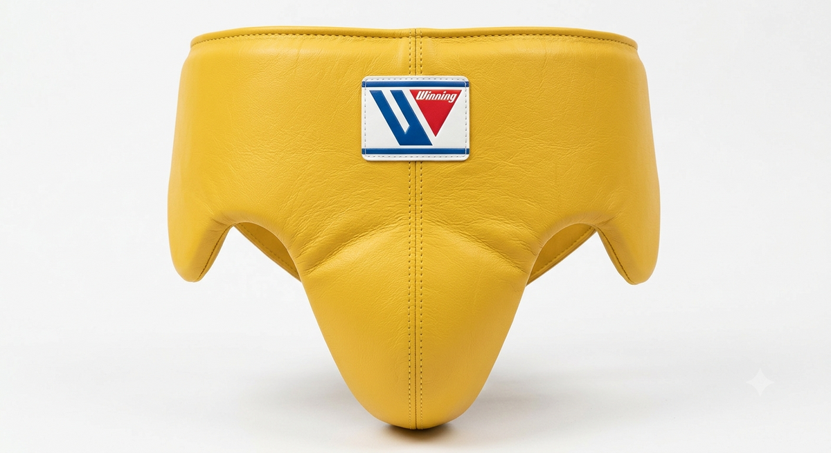 Close-up of the classic yellow headgear logo patch