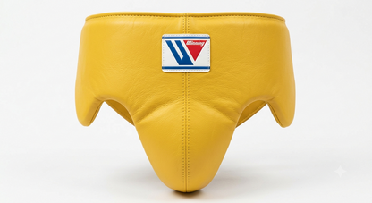 Close-up of the classic yellow headgear logo patch