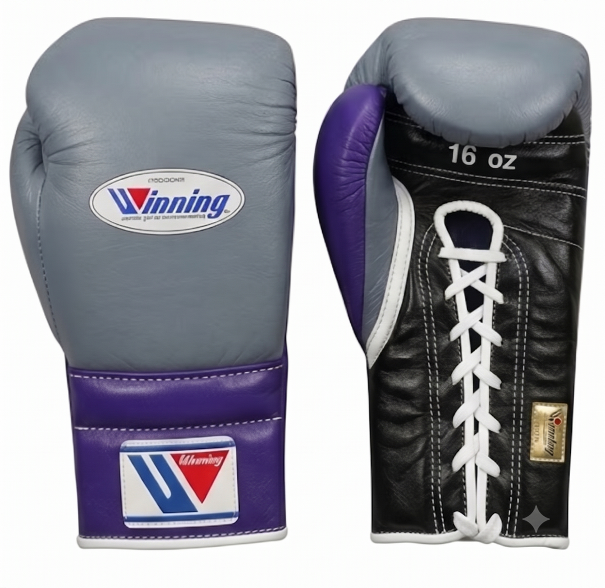 Metallic gray and purple lace-up boxing gloves from the custom sparring set