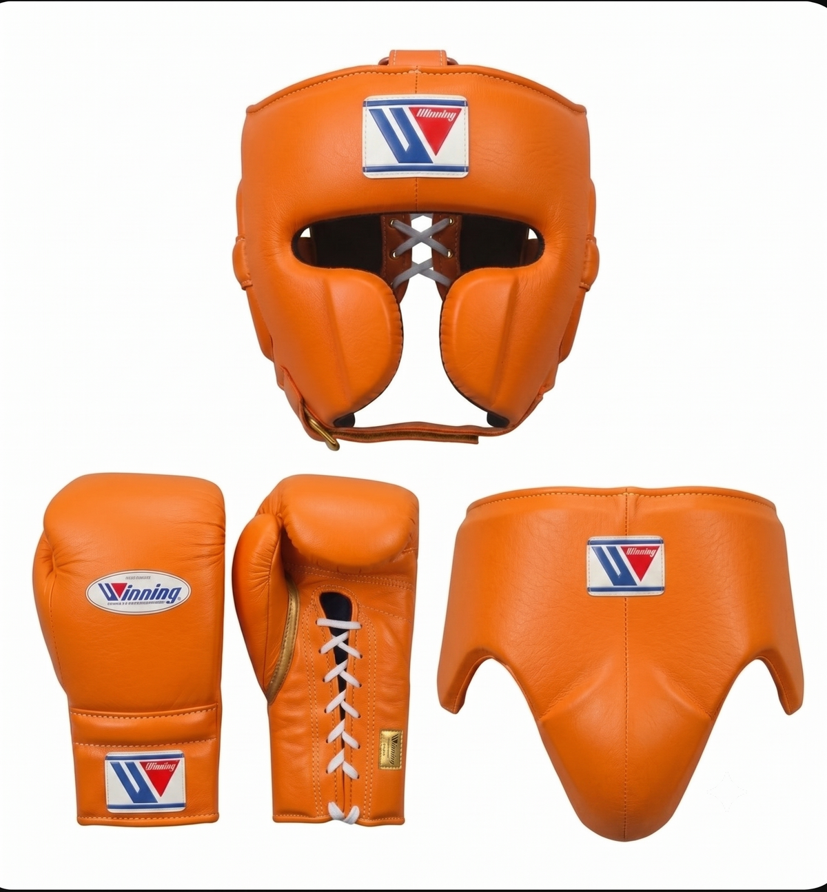 Winning gold and tan boxing sparring set with lace-up gloves, headgear and groin guard