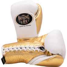 No Boxing No Life 专业系带拳击手套 - 白色和金属金色版