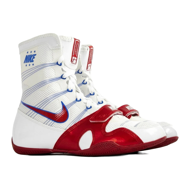 Nike HyperKO 1 boxing shoes in white with red overlay straps, red Swoosh and blue line accents