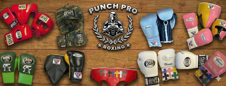 Collection of boxing gloves from various brands on a wooden surface with 'Punch Pro Boxing' logo.