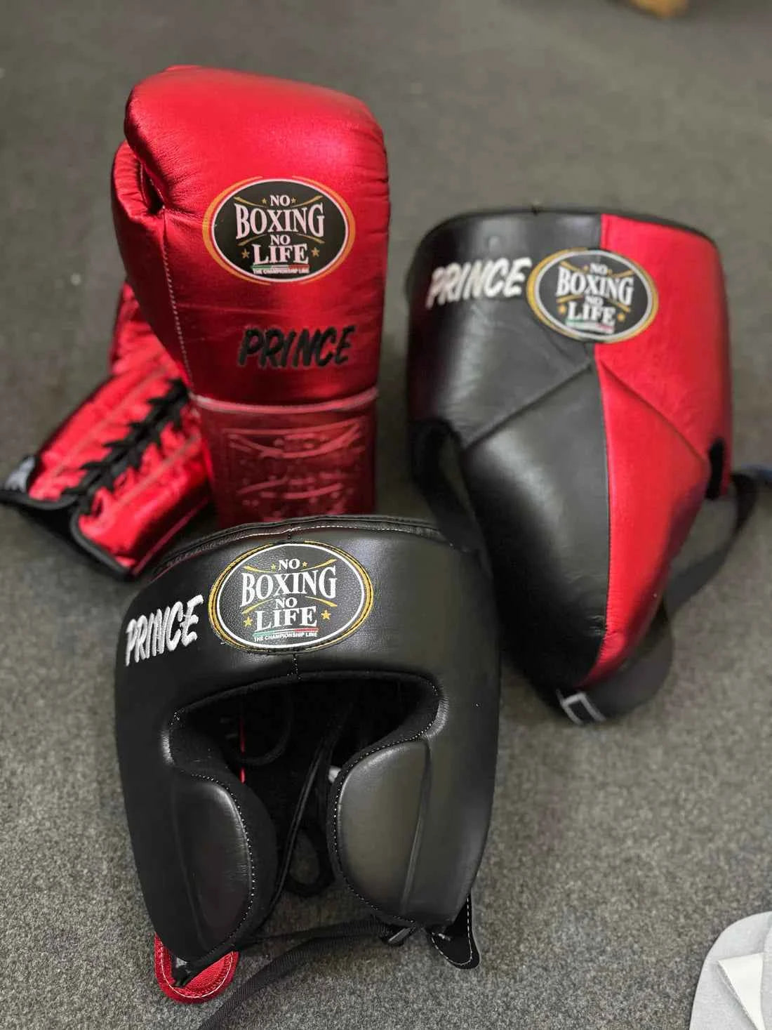 No Boxing No Life Training Set - Professional Custom Gloves, Headguard, and Groinguard in Metallic Red & Stealth Black - PunchPro Boxing
