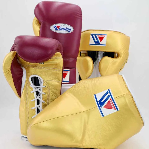 Winning Japan Training Set - Professional Custom Gloves, Headguard, and Groinguard in Wine Red & Metallic Gold