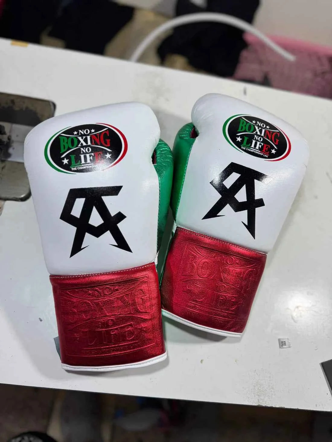 No Boxing No Life Custom Gloves - CA Mexican Flag Edition (White/Green/Metallic Red) - PunchPro Boxing