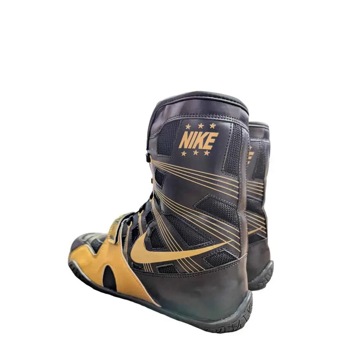 Nike HyperKO 1 boxing boots in black and metallic gold, hook-and-loop forefoot strap detail