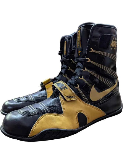 Nike Hyperko 1 boxing boots in black and metallic gold, hook-and-loop strap closure, customized by PunchPro Boxing