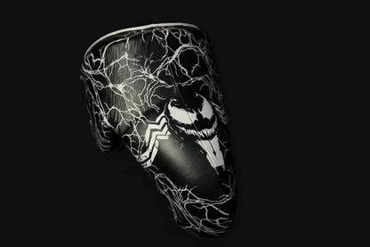 Black and red web-print sparring gloves close-up