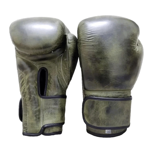 Army green leather velcro boxing gloves for training and sparring