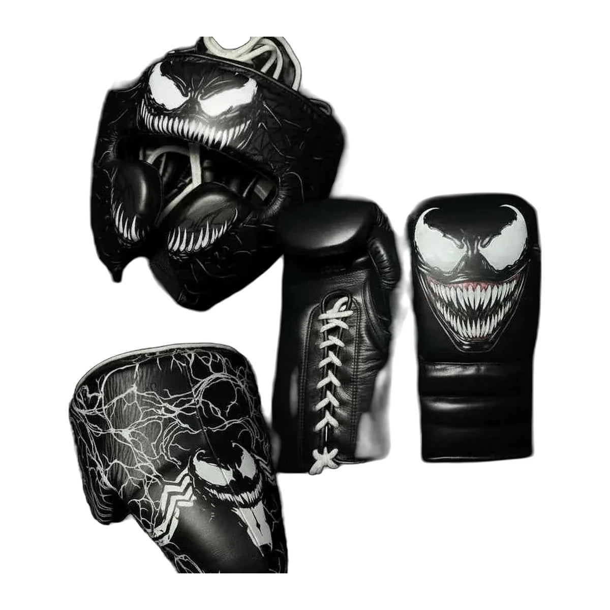 Black and red web-print sparring set - leather gloves, headgear and groinguard