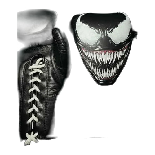 Black and red web-print lace-up sparring gloves
