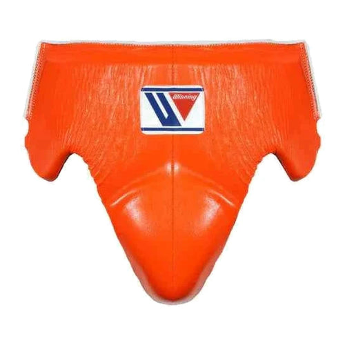 Boxing groin guard shown in five colourways including black, blue and orange