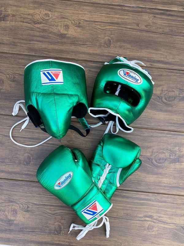 Winning Professional Boxing Training Set - Custom Metallic Green (Headgear & Groin Guard) - PunchPro Boxing