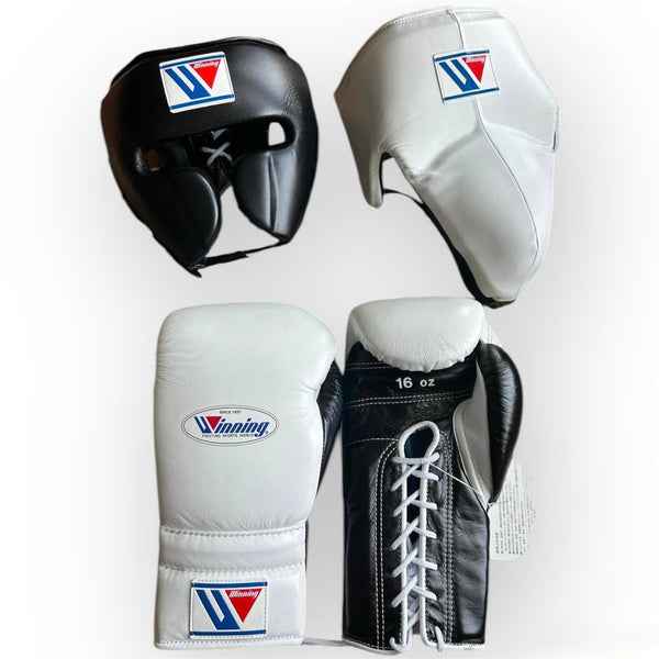 Winning Professional Boxing Training Set - Custom White & Black Gloves, Headgear & Groin Guard for Ultimate Performance