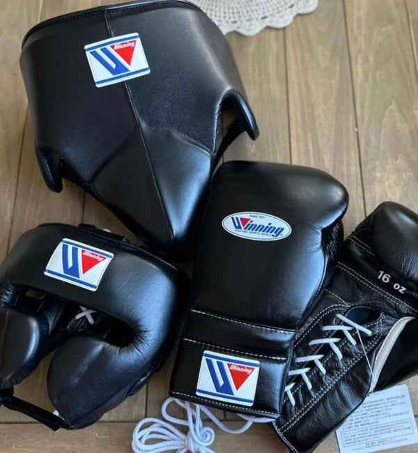 Winning Black Training Boxing Set - Lace-Up Boxing Gloves 16oz, Headgear, Groin Protector | Premium Japan-Made Gear - PunchPro Boxing