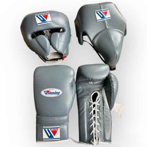 Winning Boxing Training Set - Professional Grey Gloves, Headgear & Groin Guard