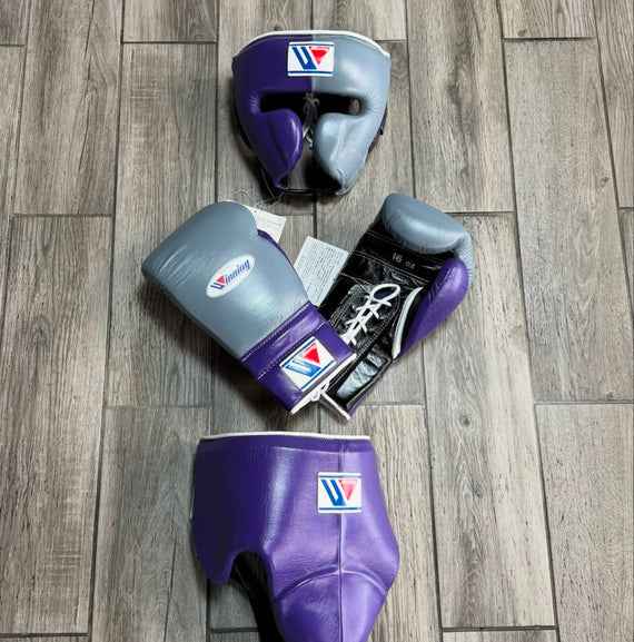 Winning Professional Boxing Training Set - Custom Purple & Metallic Silver (Gloves, Headgear & Groin Guard)