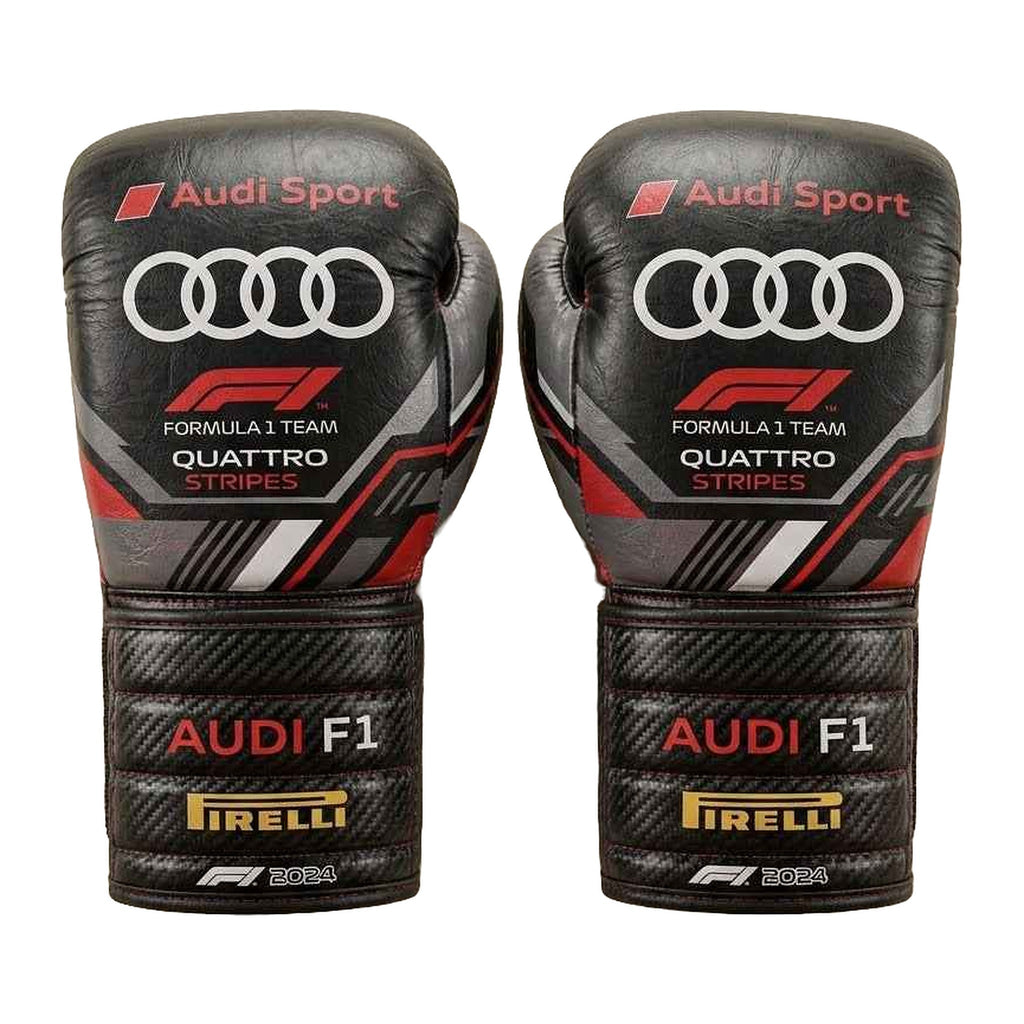 Carbon stealth matte black racing boxing gloves, pair shown together