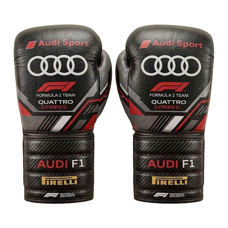 Carbon stealth matte black racing boxing gloves, pair shown together