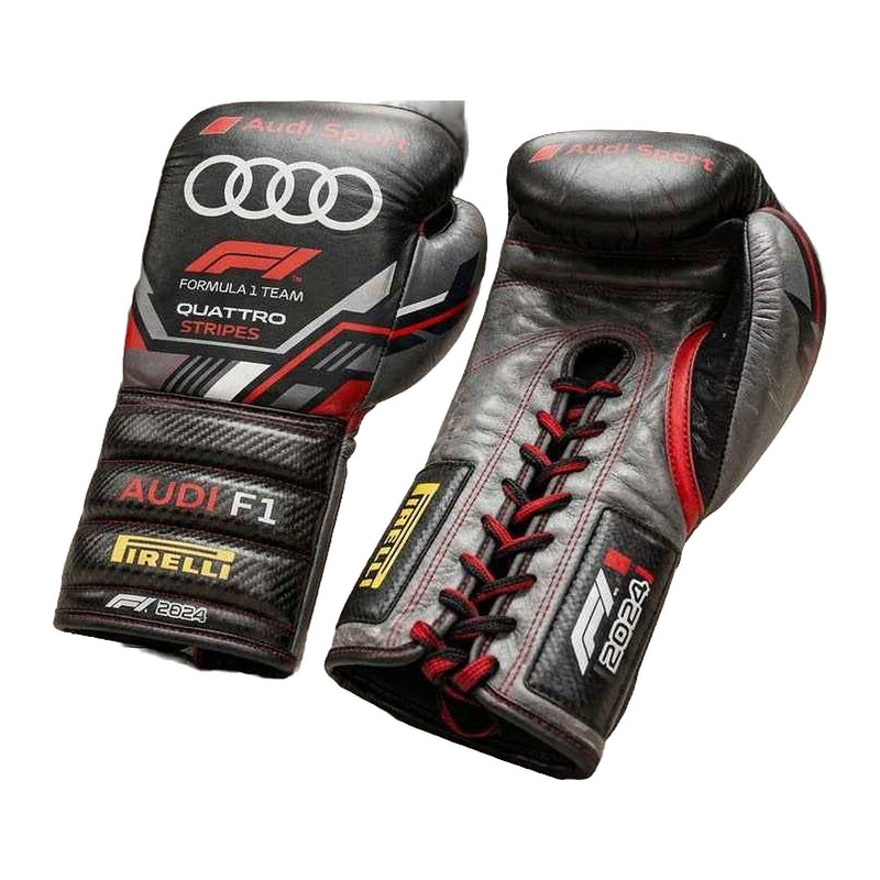 Carbon stealth matte black racing boxing gloves, pair shown together
