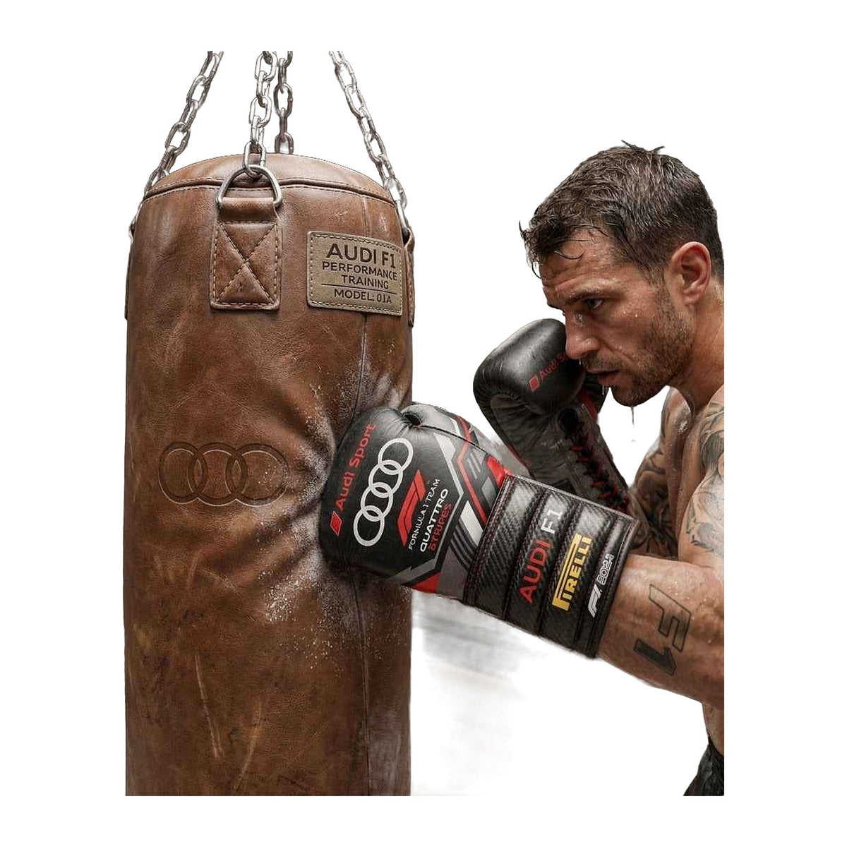 Carbon black boxing gloves knuckle view with racing-inspired panelling