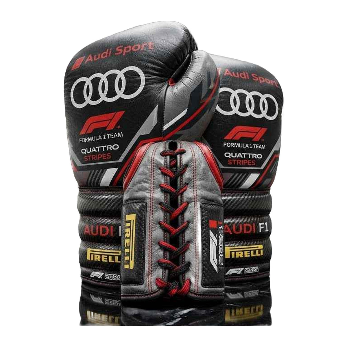 Carbon stealth boxing gloves palm view showing grip bar