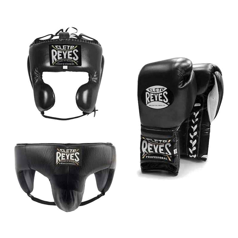 Cleto Reyes all black sparring set - lace-up gloves, headgear and groin guard