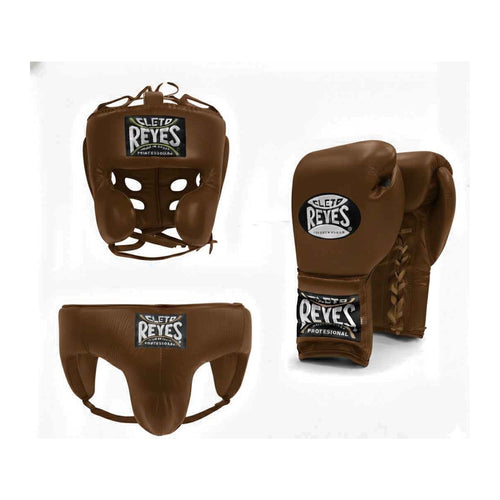 Cleto Reyes chocolate brown sparring set - lace-up gloves, headgear and groin guard