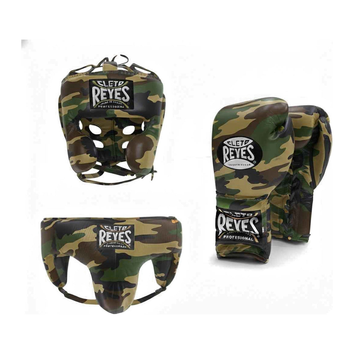 Cleto Reyes camo sparring set - lace-up gloves, headgear and groin guard