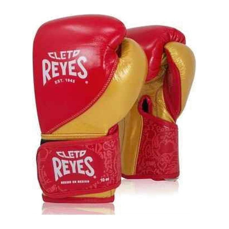 Cleto Reyes gold and red graffiti boxing gloves, pair shown together