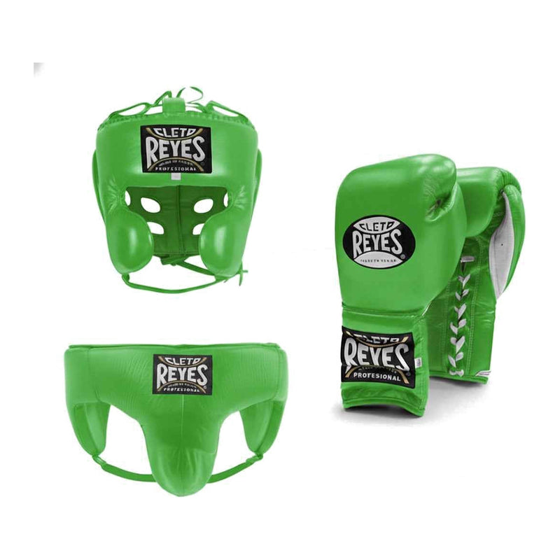 Cleto Reyes emerald green sparring set - lace-up gloves, headgear and groin guard