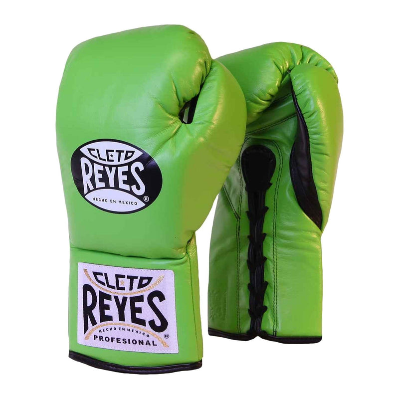 Cleto Reyes lime green lace-up sparring gloves, pair shown together