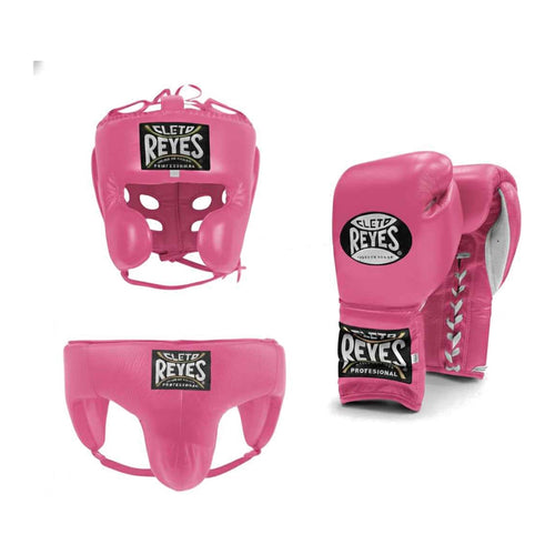 Cleto Reyes hot pink sparring set - lace-up gloves, headgear and groin guard