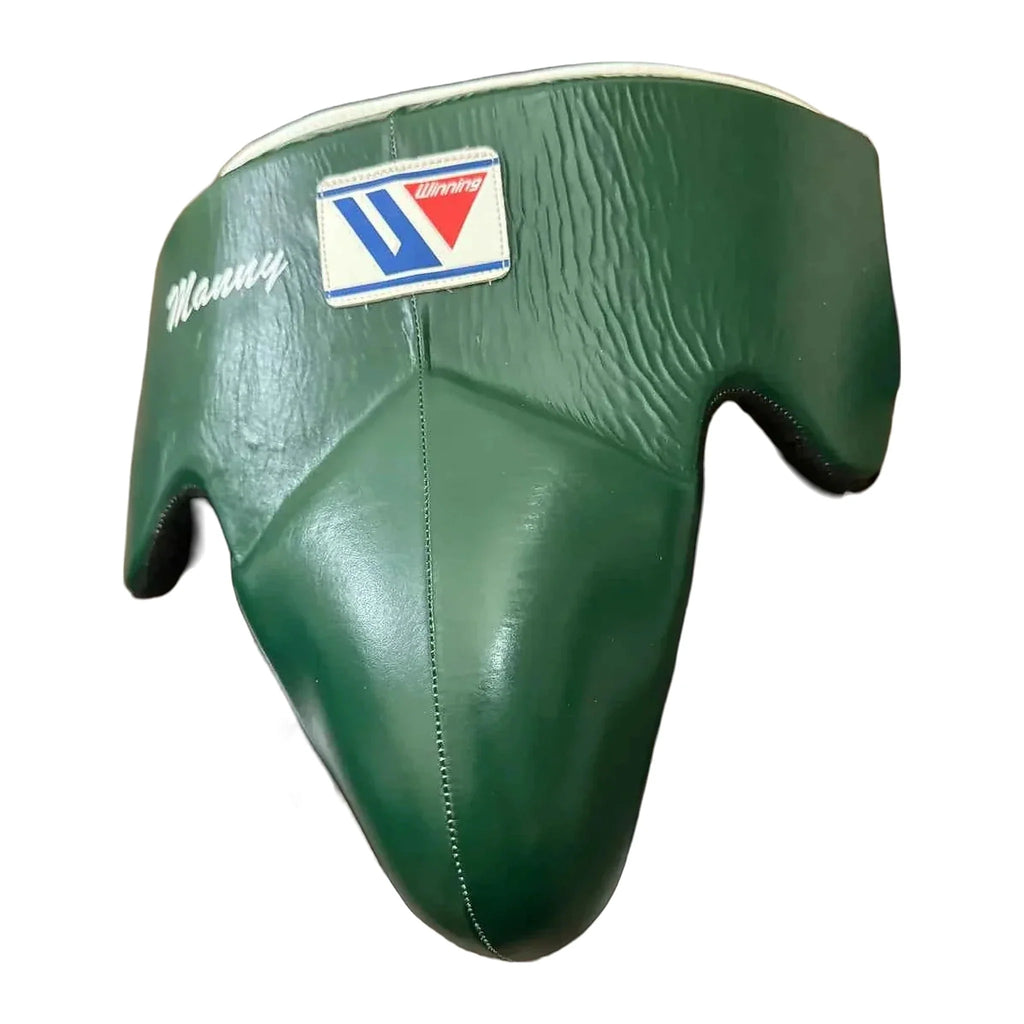 Forest green groin guard rear view showing waist belt