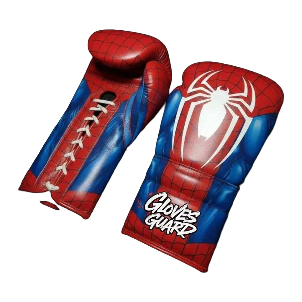 Red and blue web-print lace-up sparring gloves