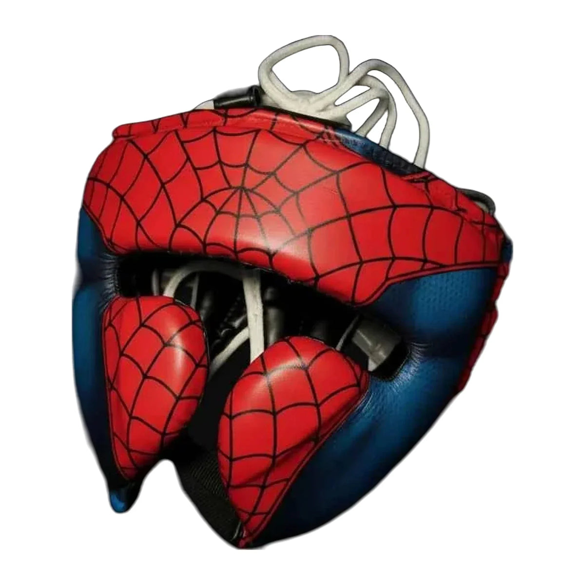 Red and blue web-print boxing headgear front view