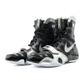 A pair of Custom Nike HyperKO boxing shoes in a black and silver colorway, featuring a forefoot lockdown strap and Nike Swoosh